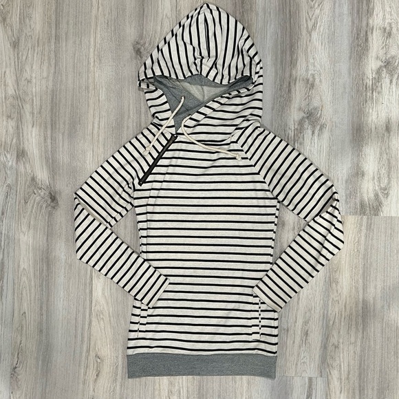 Ampersand Ave & Striped Double Hooded Sweatshirt Zipper Cotton Hoodie Size XS - Picture 1 of 7